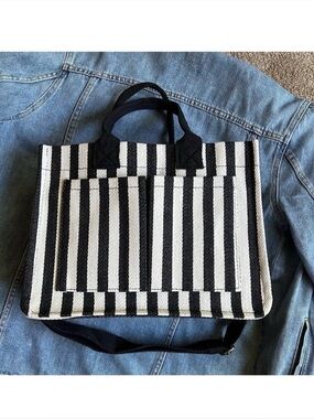 New STRIPED CANVAS Convertible Tote Black Cream👜